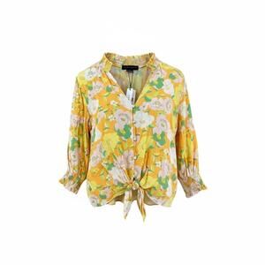 Sanctuary 3/4 Sleeve Blouse Bright Yellow Floral Tie Up Casual NWT Small